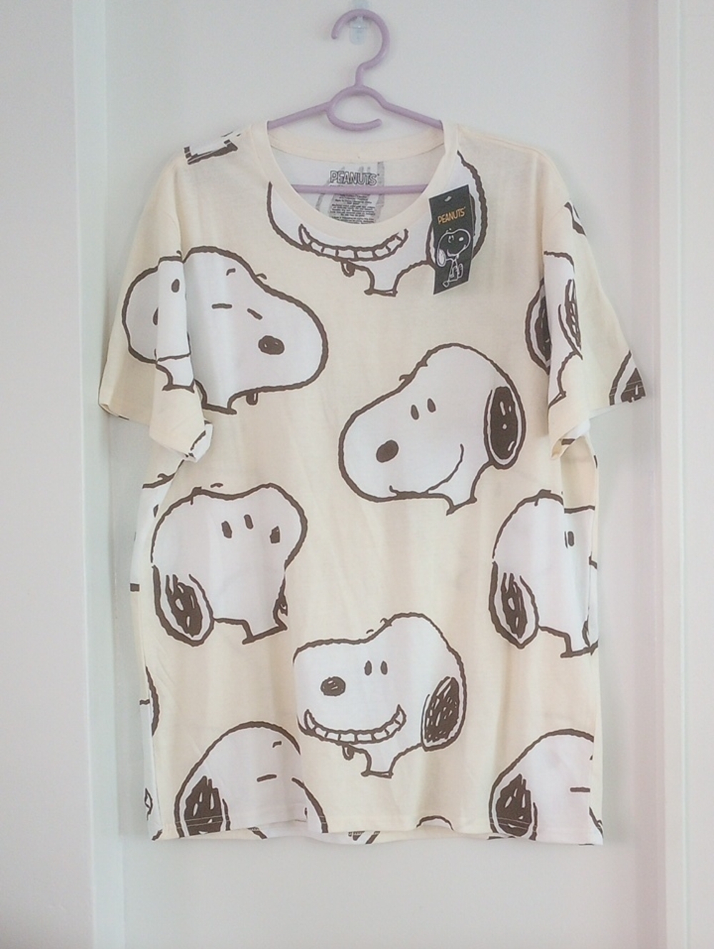 Peanuts Cotton Cream Pastel Yellow T‑Shirt Brown White Snoopy Faces Print Size L